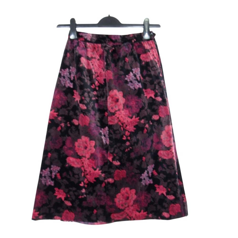 VTG Black/Pink FLORAL VELVET Whimsigoth Coquette PLEATED A-Line Skirt 24"W, sz S